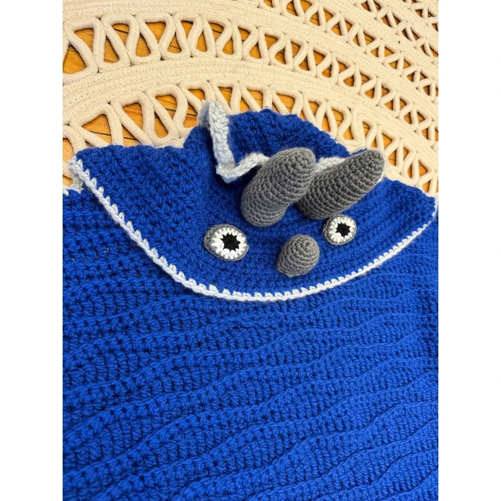Handmade Crochet Dinosaur Triceratops Hooded Blanket Blue Wearable‎ Snuggle